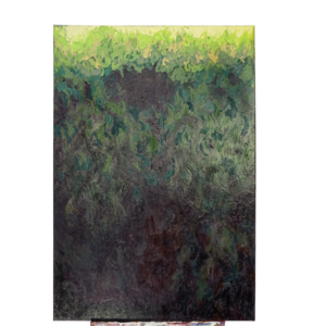 Abstract oil painting of a forest canopy with textured green foliage and dark earthy tones, fading into shadow below.