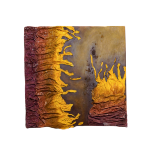 Abstract textured painting with raised gold and rust-colored elements forming dynamic shapes against a smooth brown background.