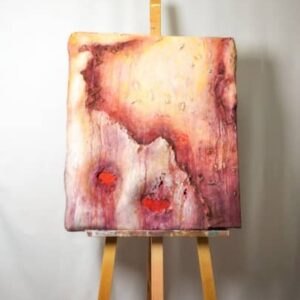 Abstract painting with organic texture in warm pink, red and beige tones, symbolizing healing, emotional transformation and inner reflection