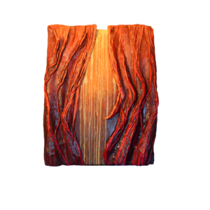 Abstract artwork resembling flowing red lava or tree roots cascading down both sides with a glowing golden center on a black background.