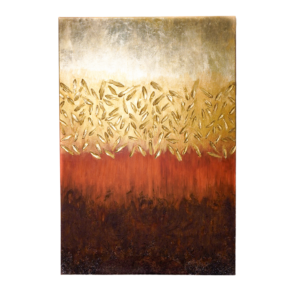 Abstract painting with a red to gold gradient and raised leaf-like textures, blending warm earthy tones with metallic highlights.