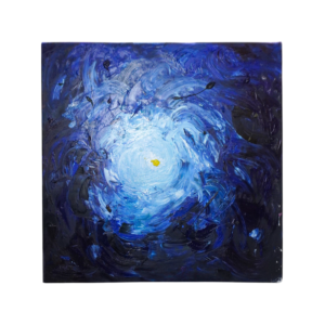 Abstract painting titled “Even Though I Walk Through the Dark Valley” with swirling deep blue and navy tones and a small luminous center symbolizing hope in darkness