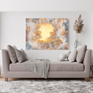 Large abstract structure painting in white bright interior with couch